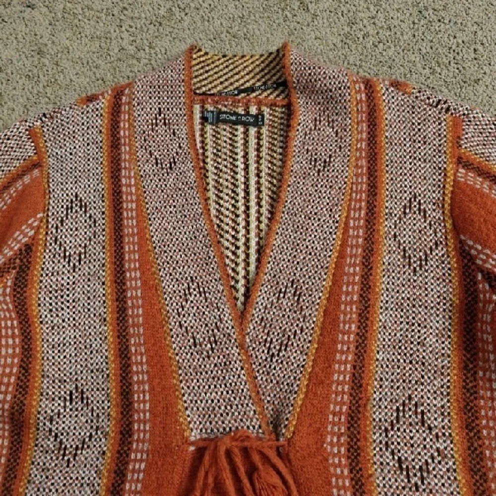 STONE ROW Womens Orange Geometric Pattern Kimono‎ Cardigan Tassel Tie Size S